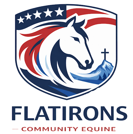 Logo of the Flatirons Community Equine featuring a stylized horse's head, a mountain with a cross, and a shield design with stars and stripes in red, white, and blue.