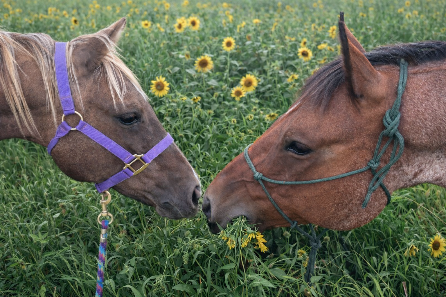 Two horses touching noses in a field of green grass and yellow flowers.