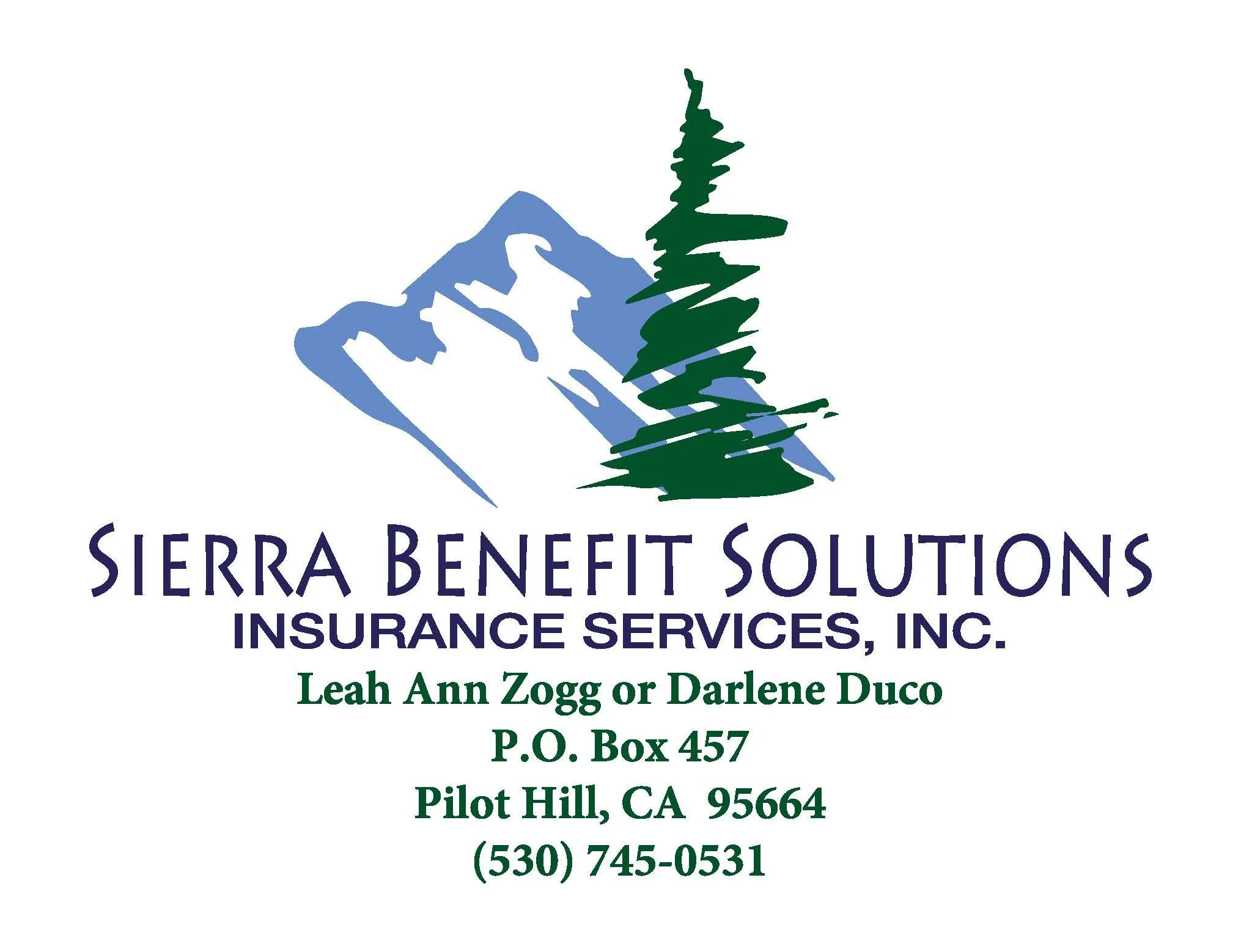 Logo of Sierra Benefit Solutions Inc., featuring stylized mountains and a tree, with contact information underneath, including names Leah Ann Zogg and Darlene Duco, address in Pilot Hill, California, and phone number.