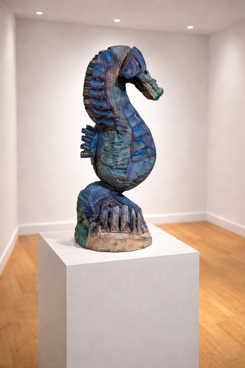 Wooden seahorse sculpture in gallery display.png
