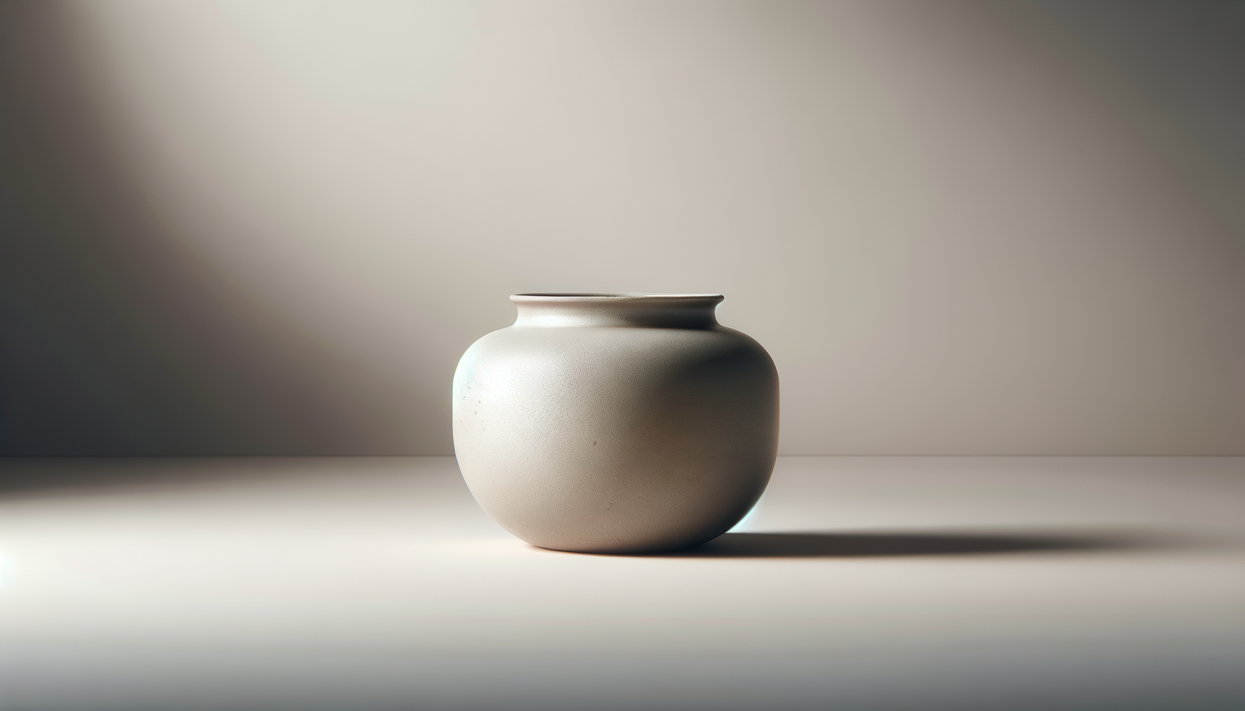 Plain ceramic vase with a round body and narrow opening, placed on a light surface against a gradient shaded background.