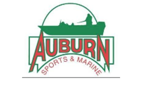 Logo of Auburn Sports & Marine featuring a silhouette of a boat with a person and a fish, with the text "AUBURN" in large letters and "SPORTS & MARINE" below.
