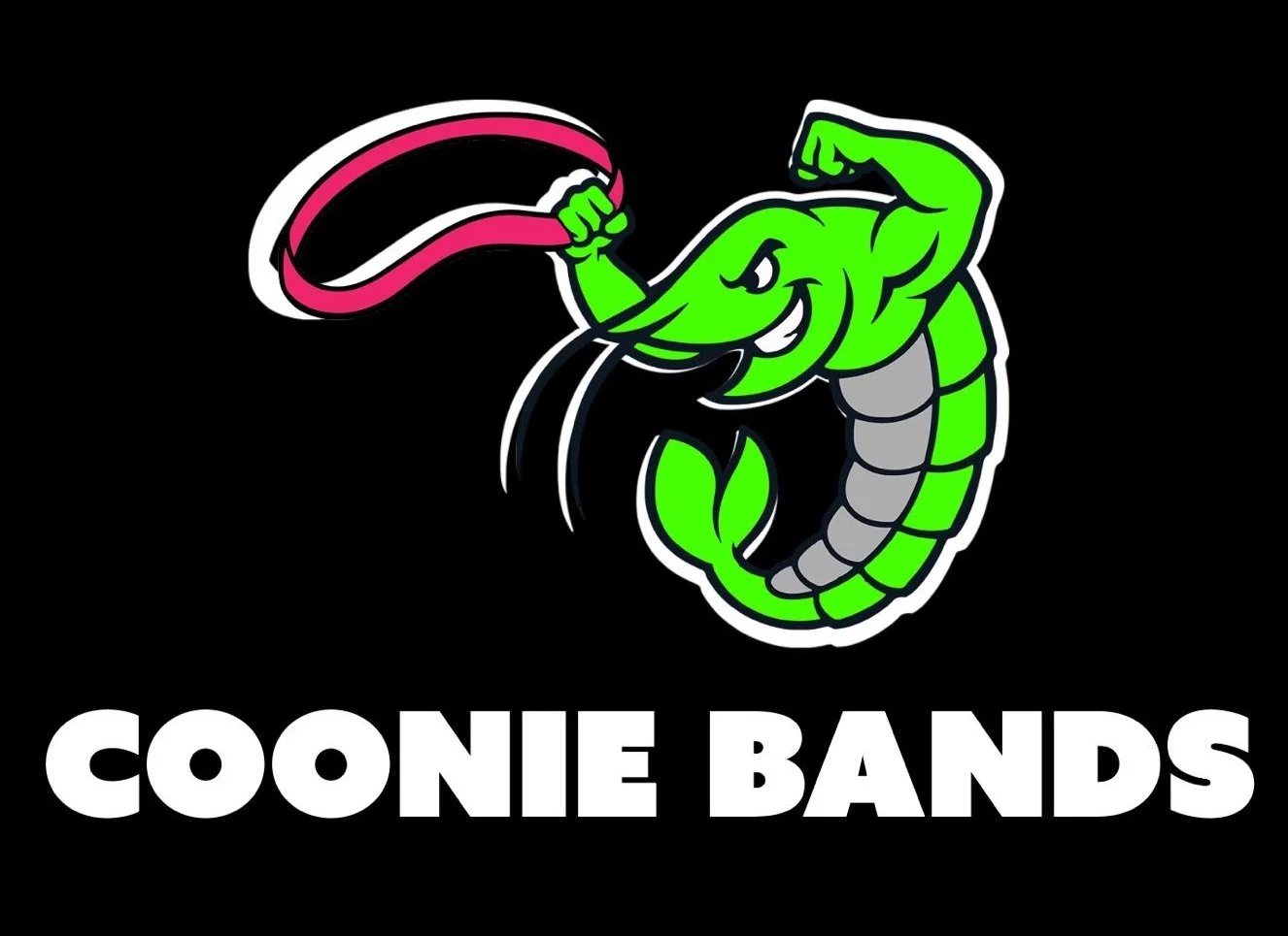 Logo of a green cartoon muscular shrimp holding a pink and white band over a black background, with the text "COONIE BANDS" in bold white letters below.