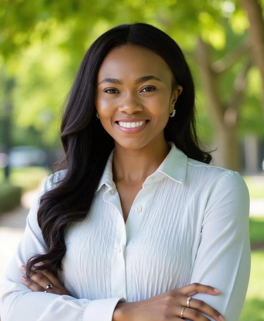 A smiling woman with long dark hair standing outdoors in a park with green trees, wearing a white button-up shirt and earrings.