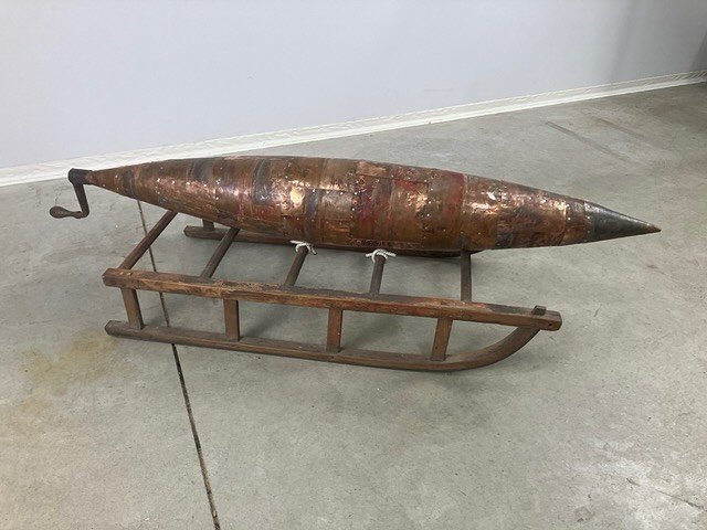 &ldquo;Rocket Sled&rdquo;

52&rdquo; x 17&rdquo; x 13&rdquo;

Copper, wood, found objects, cast-iron crank handle