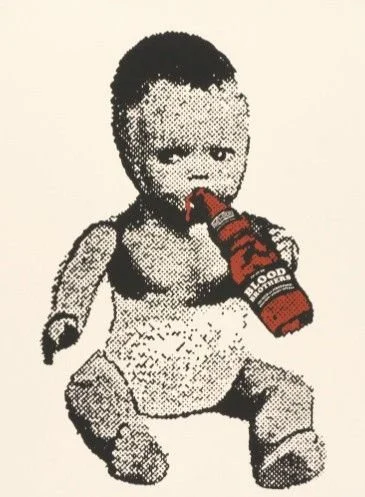 Pixelated image of a crying baby doll holding a bottle of ketchup.