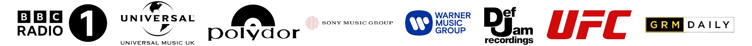 Array of logos from various media and music companies such as BBC Radio 1, Universal, Sony Music Group, Warner Music Group, Polygon, DJ Mag, UFC, and Daily.