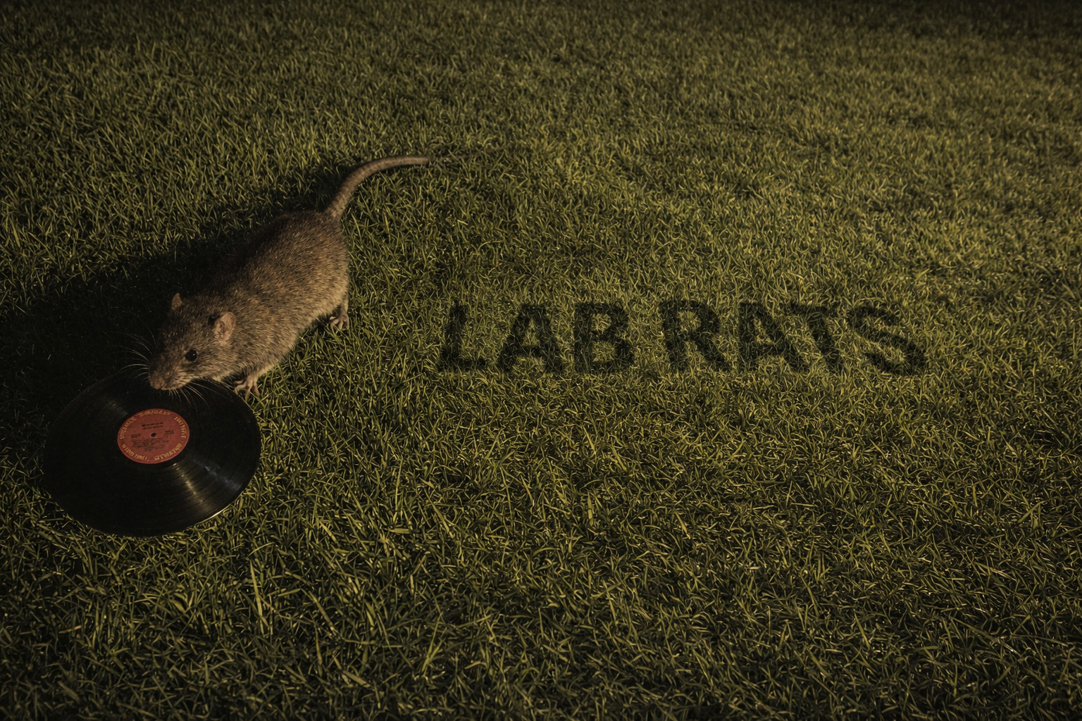 A rat on grass holding a vinyl record in its mouth with the word 'LABRNS' written on the grass nearby.