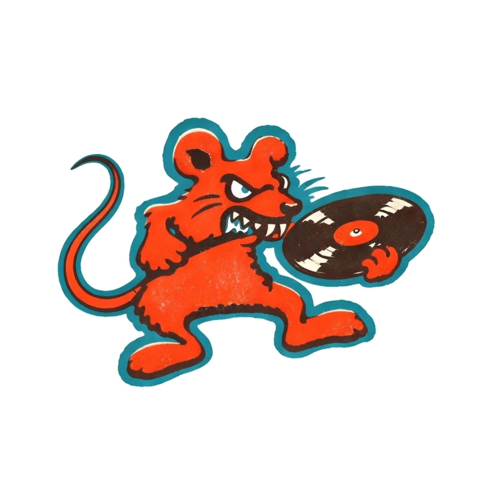 Cartoon illustration of a fierce orange mouse holding a black vinyl record.