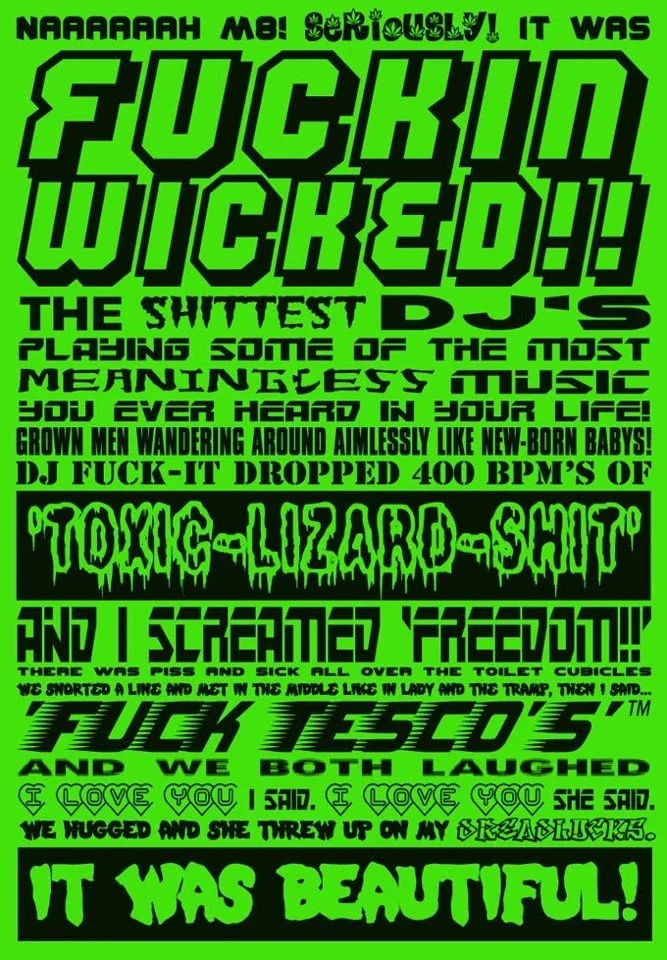 Pink Floyd poster with bold, stylized text about a DJ performance and themes of freedom, love, and rebellion.