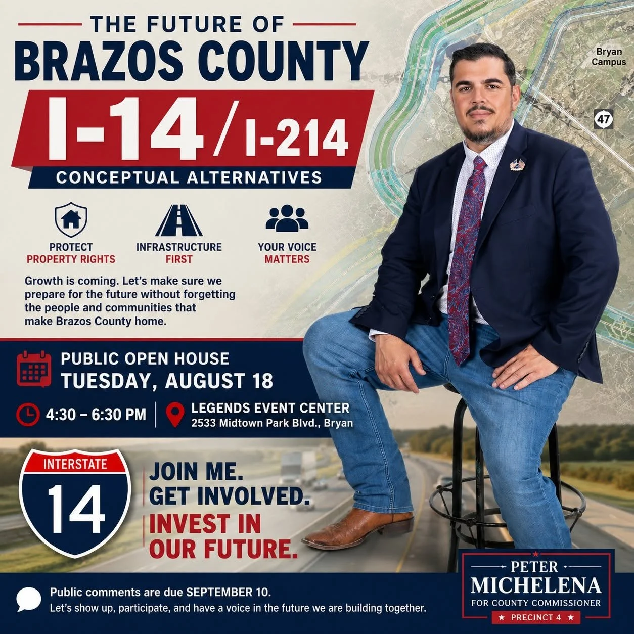 I-14 and I-214 conceptual alternatives public open house, August 18, 2026, at Legends Event Center in Bryan