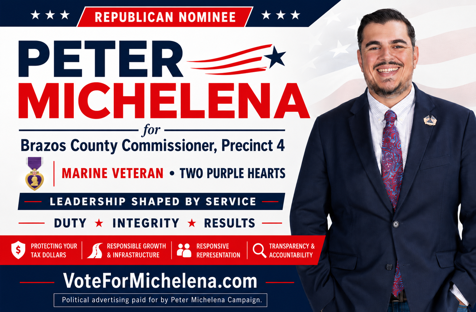 Peter Michelena, Republican nominee for Brazos County Commissioner Precinct 4, Marine veteran, recipient of two Purple Hearts