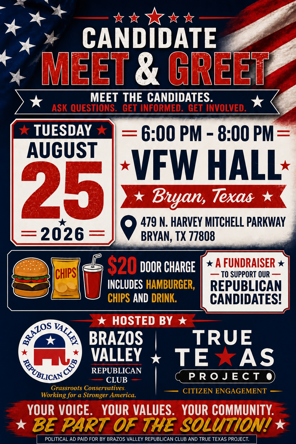 Candidate Meet and Greet Fundraiser at VFW Hall in Bryan, August 25, 2026, from 6 to 8 PM