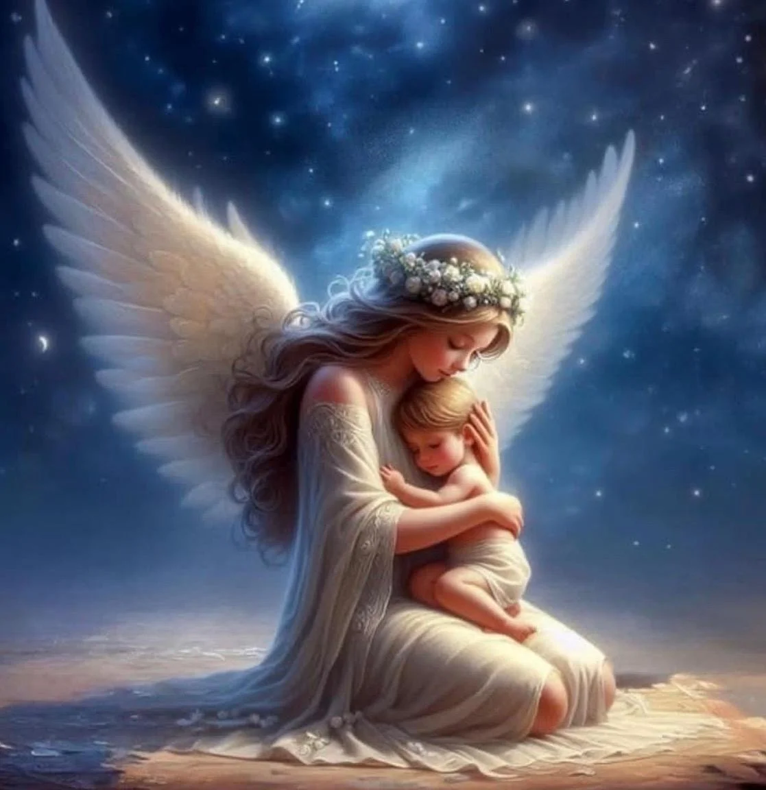 An illustrated image of a woman with angel wings and a flower crown holding a small child, sitting on the ground under a starry sky.