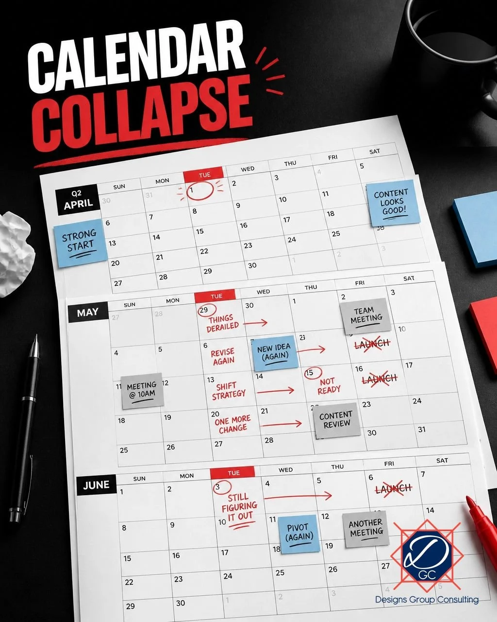 THE THREE-DAY CONTENT CALENDAR

The content calendar was planned for a full quarter. It survived until Tuesday.

Not because the ideas ran out. Because the meetings started. The revisions arrived. The quick pivots piled up. And somewhere between appr