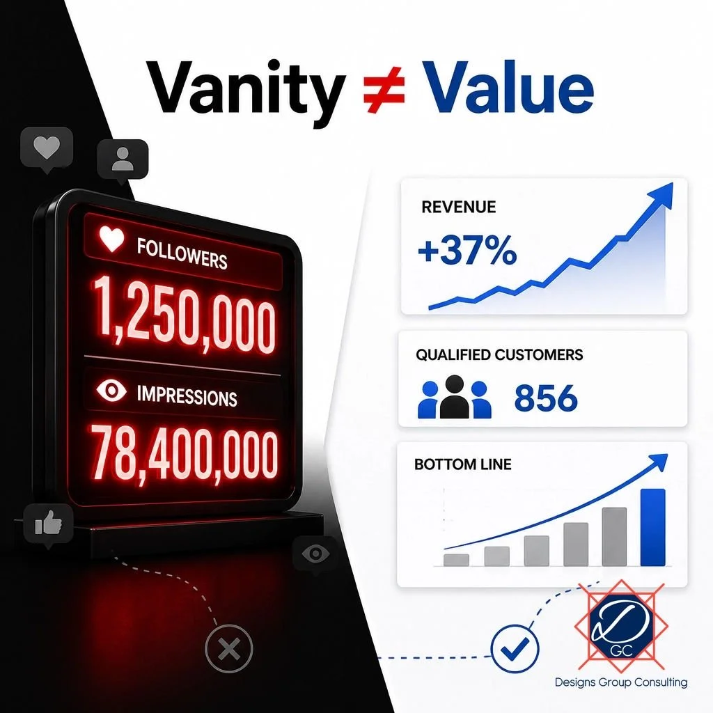 I love a big follower count and an impressive impressions report. They look great in a presentation: and occasionally do absolutely nothing for revenue.

Vanity metrics are the confetti of marketing: fun to throw, difficult to deposit.

My simple rul