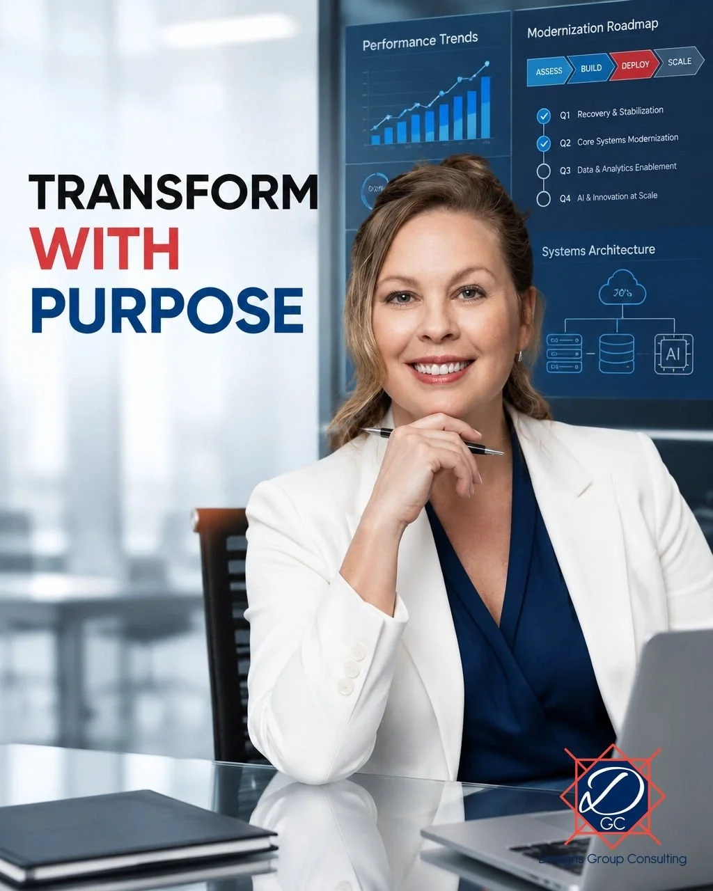 When priorities compete, progress can stall. Transformation requires more than a new plan. It requires experienced leadership that connects strategy, people, processes, and technology.

DGC wants to help organizations:
&bull; Recover from underperfor