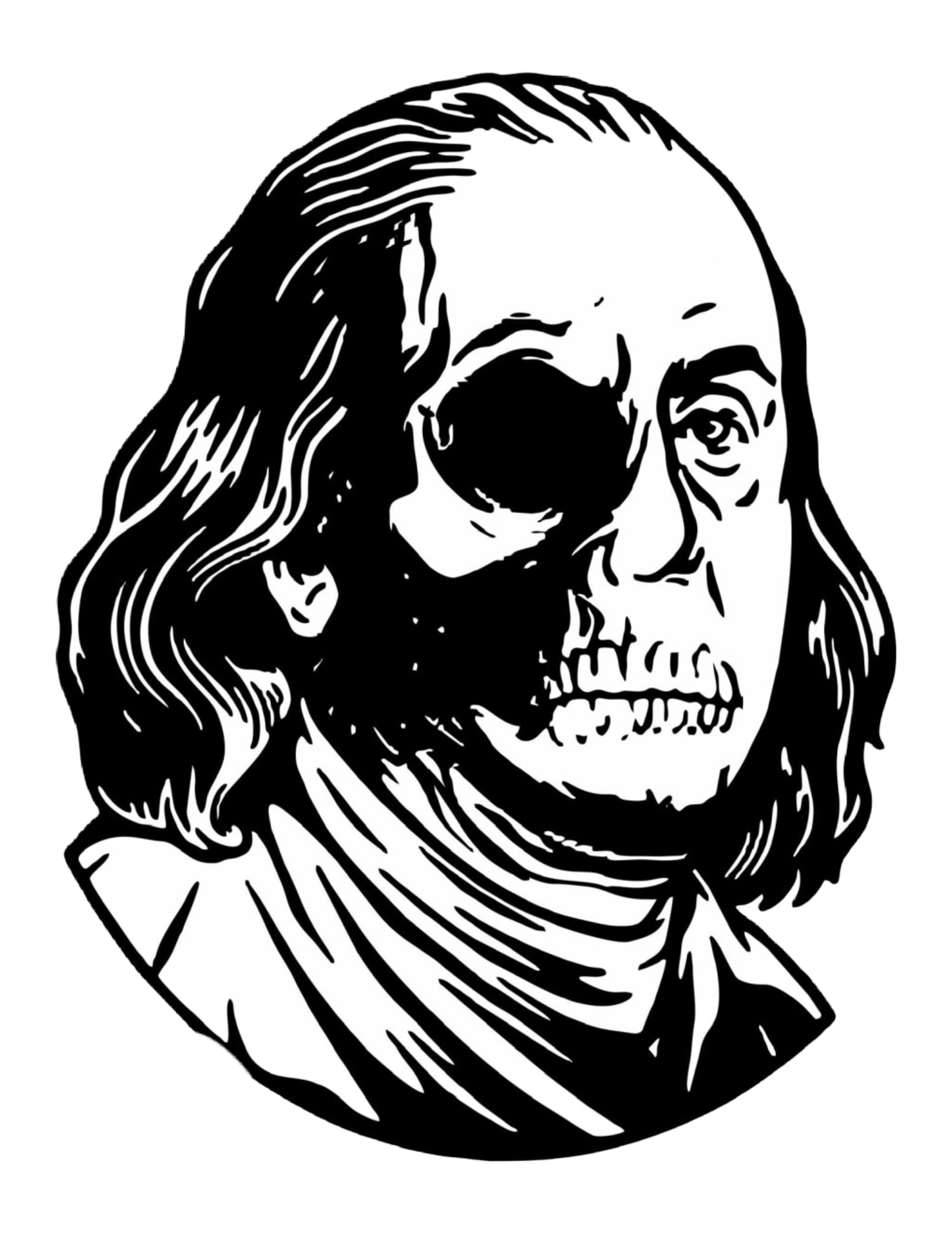 Black and white illustration of Benjamin Franklin zombie looking , and having a skeletal or skull-like face.