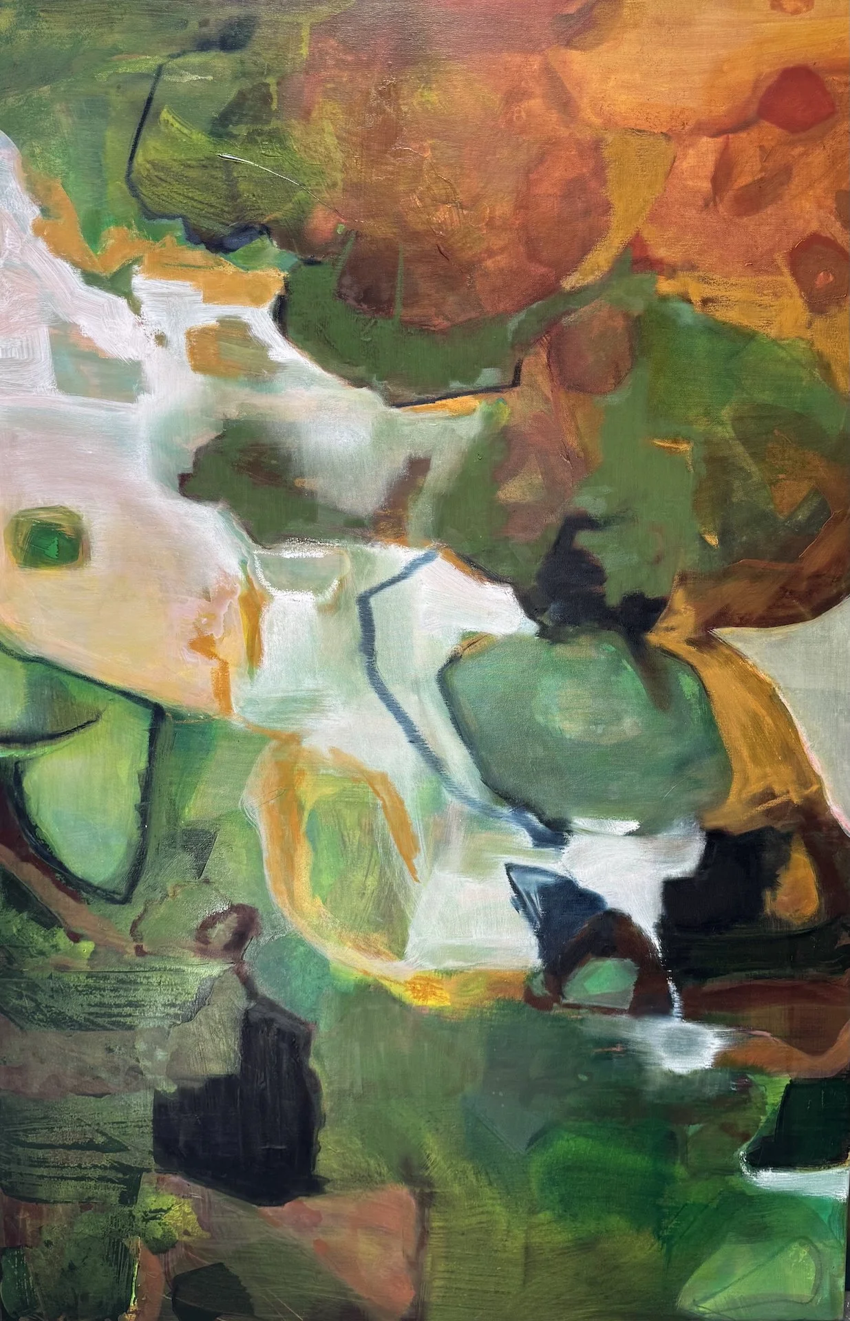 Abstract painting with flowing white water or river, surrounded by green, orange, brown, and black shapes, resembling a natural landscape.