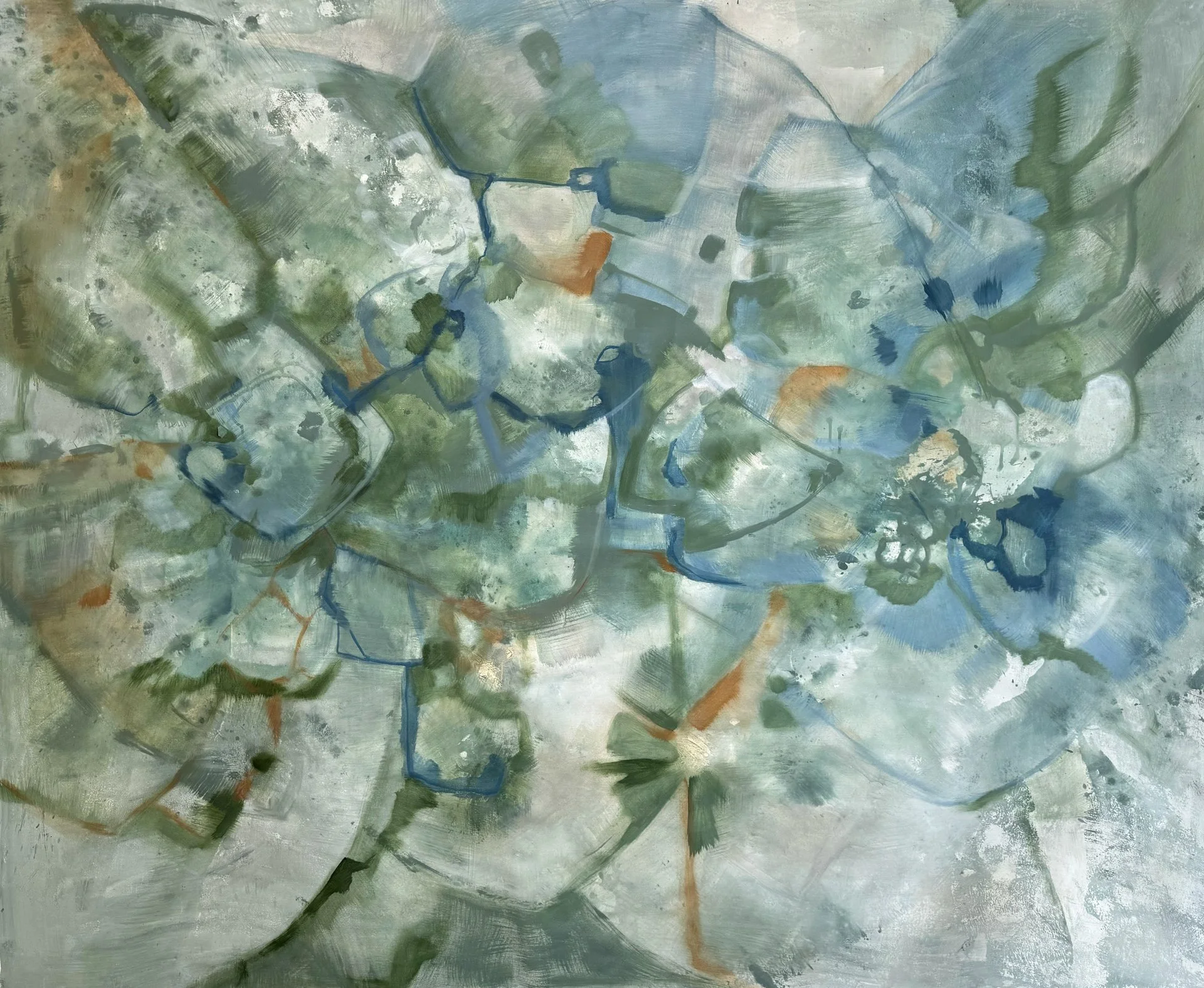 Abstract painting with various shades of green, blue, white, and hints of orange, featuring loose, flowing shapes and brushstrokes.