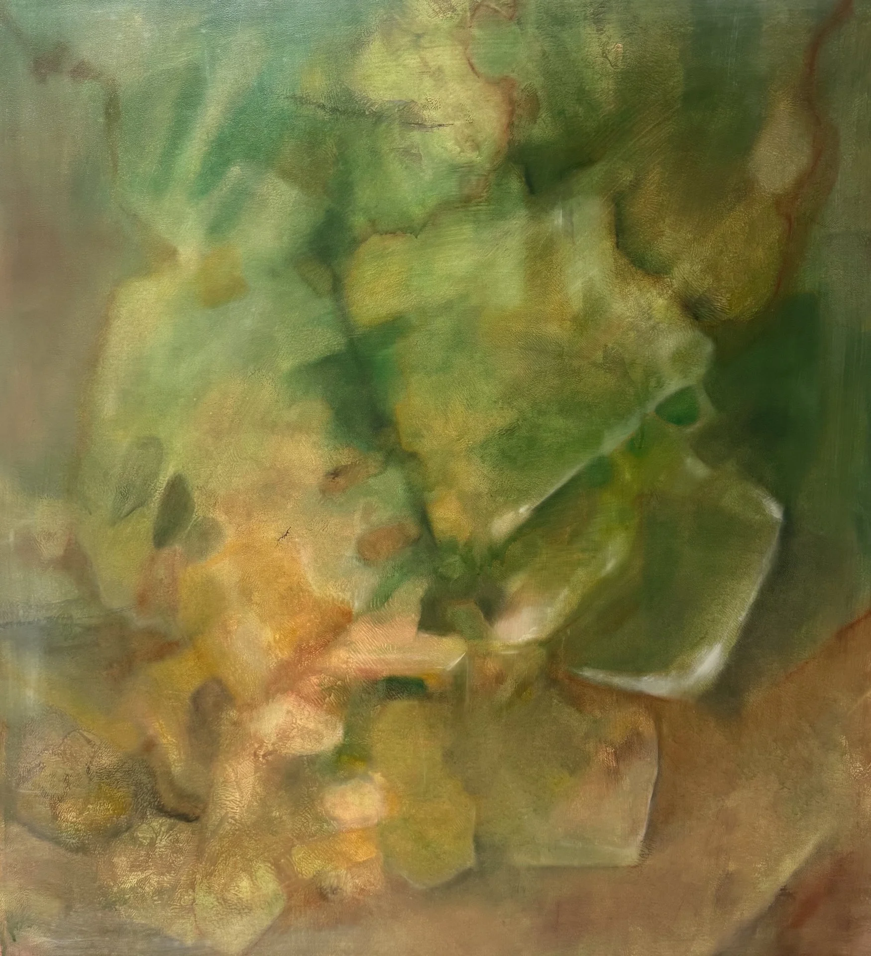Abstract painting featuring shades of green, yellow, and brown with textured brushstrokes.