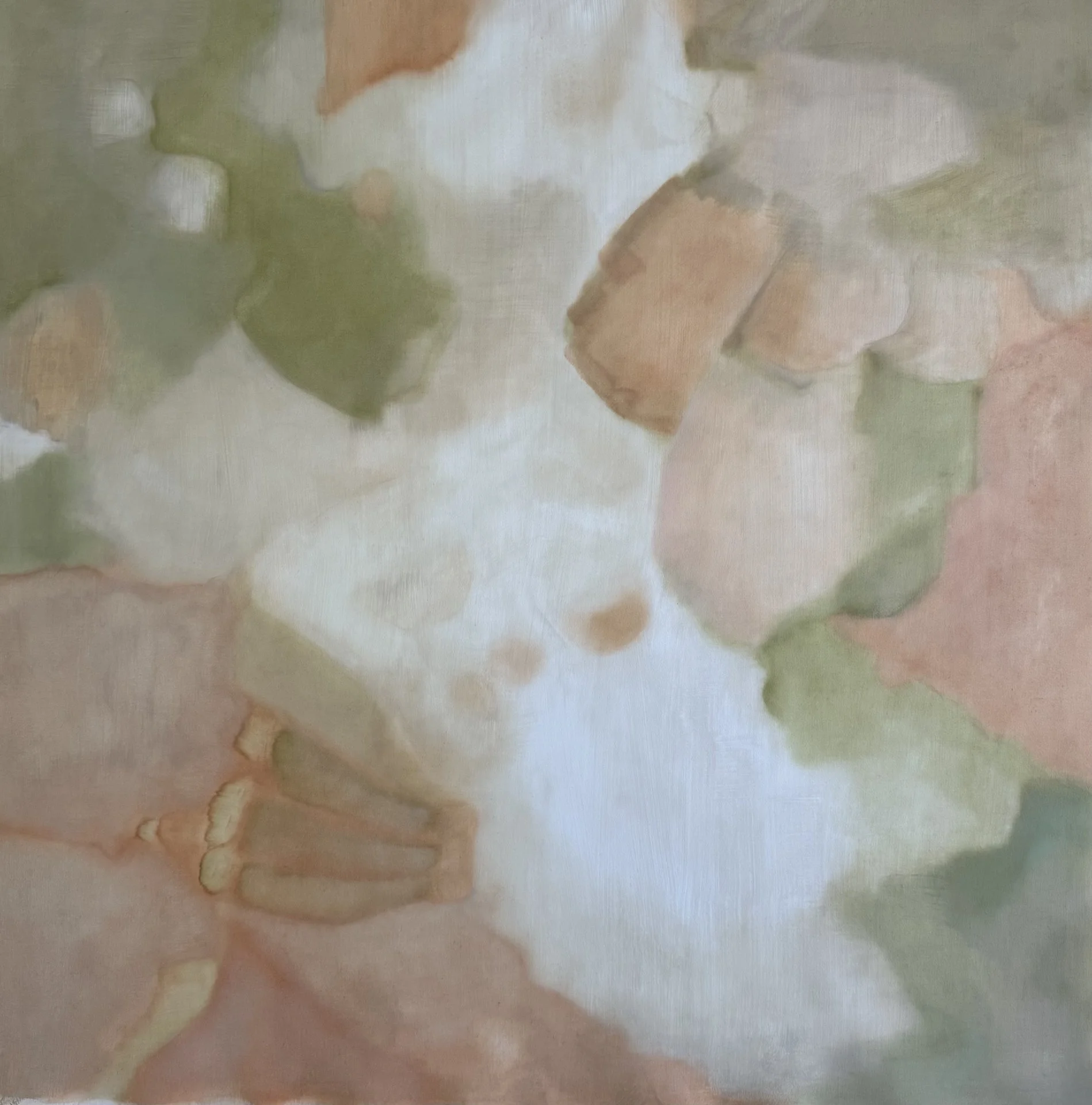 Abstract watercolor painting with soft pastel tones of green, pink, beige, and white, resembling a loose floral or natural scene.