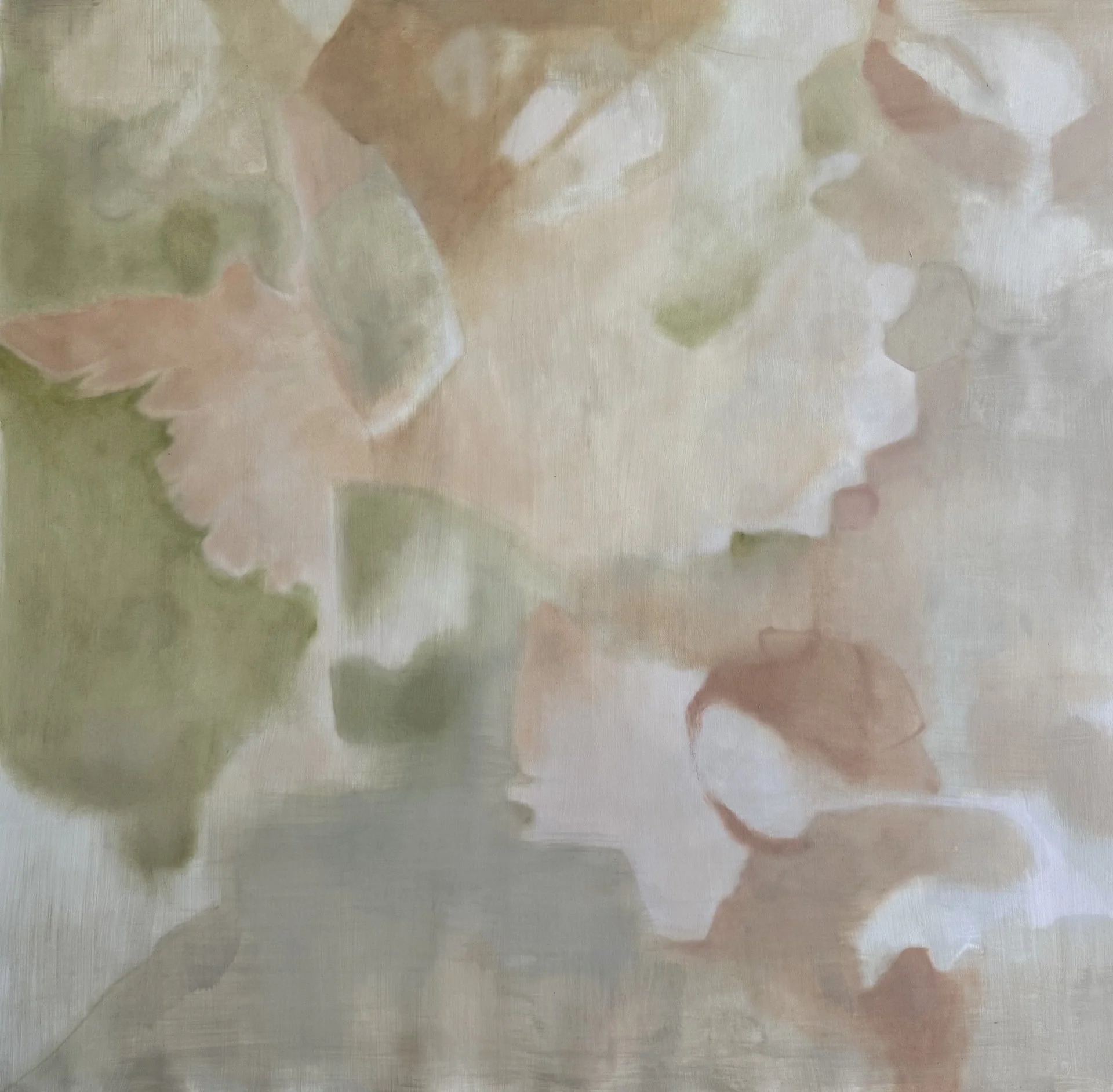 Abstract pastel-colored watercolor painting with shades of pink, green, and beige.