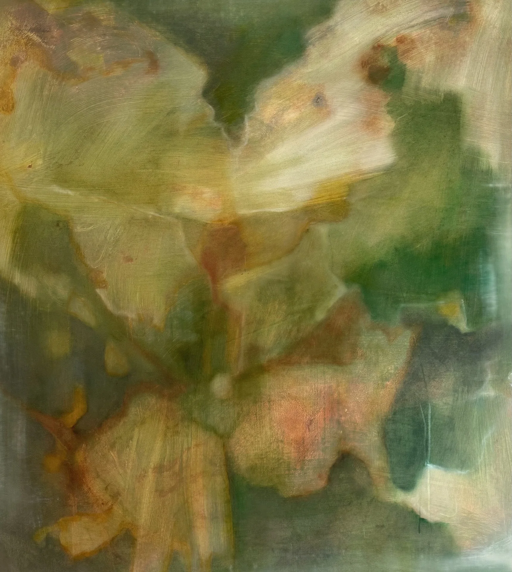 Abstract painting with warm tones of orange, yellow, green, and hints of dark brown and black.