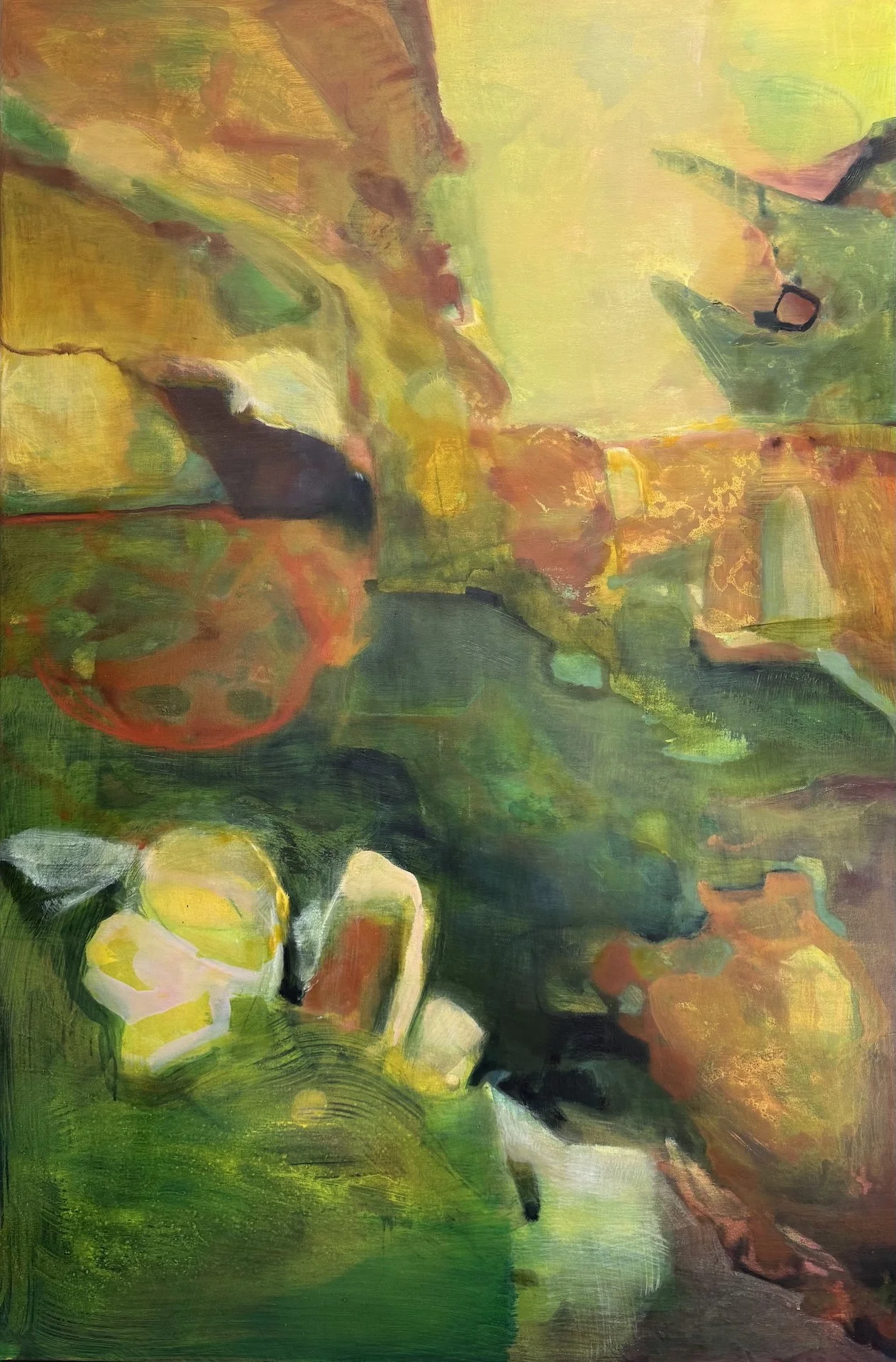 Abstract landscape painting with green, yellow, orange, and dark brushstrokes.