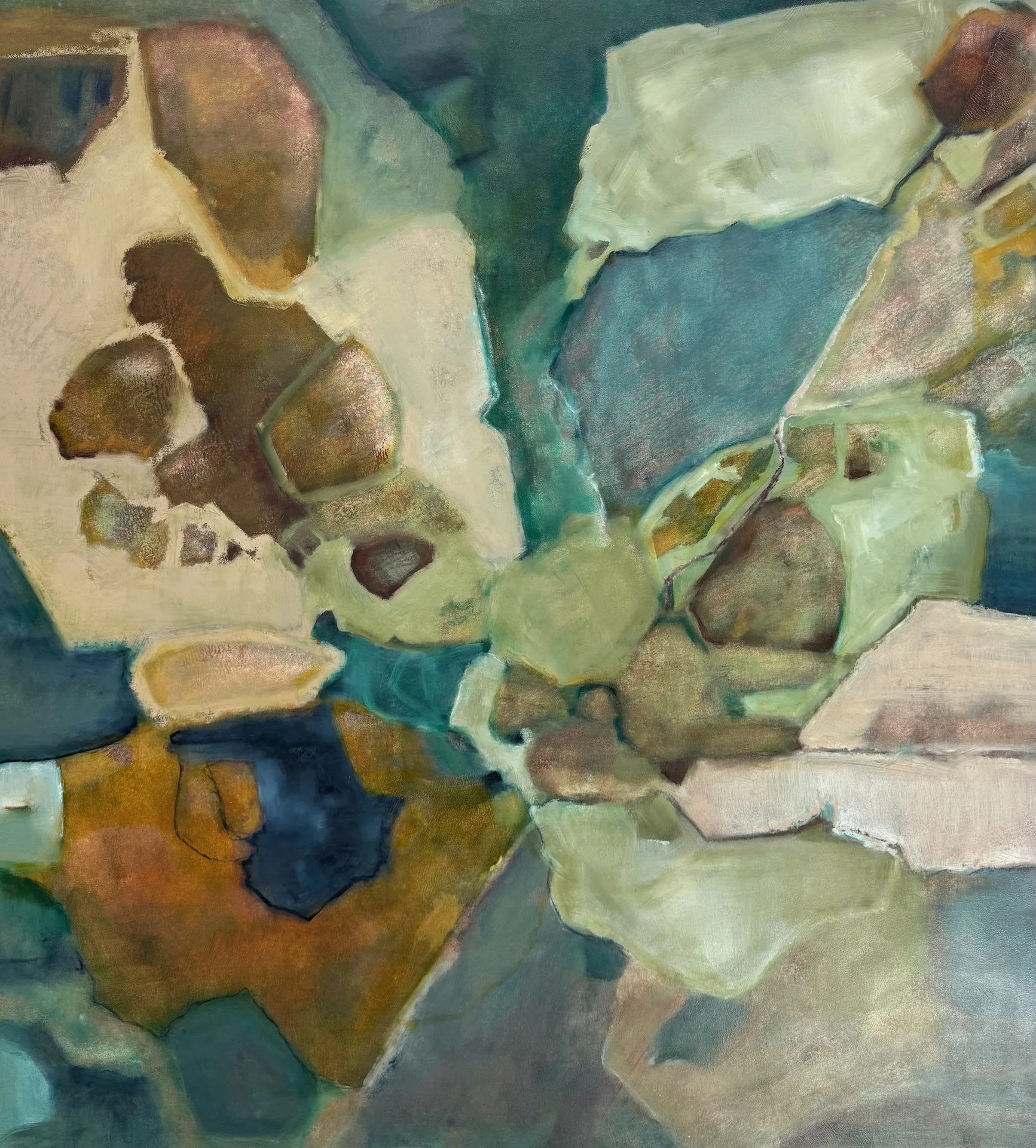 Abstract painting with various shades of green, brown, and blue, featuring layered, irregular shapes and textures.