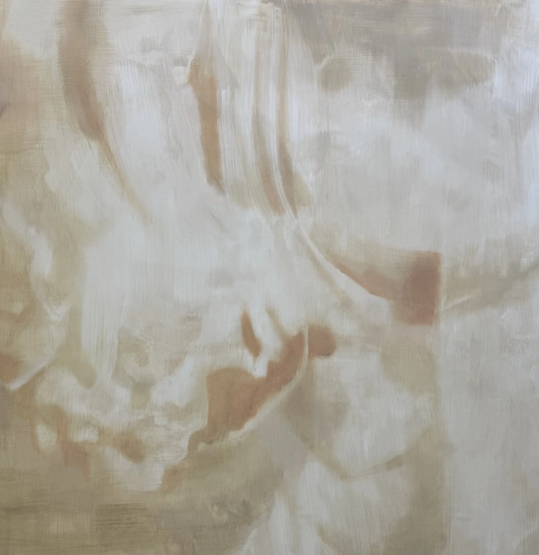 Abstract painting with soft beige, white, and light brown brushstrokes creating a swirling pattern.