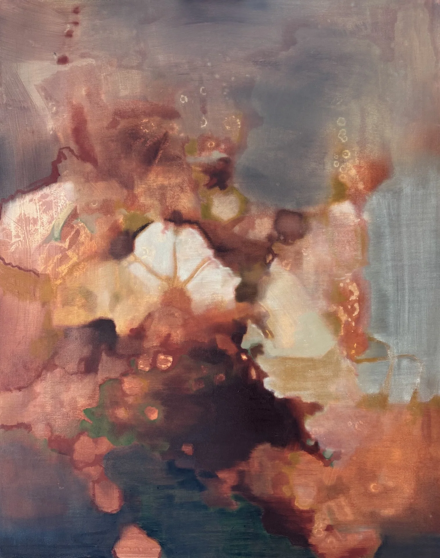 Abstract painting with pink, red, beige, dark brown, gray, and green colors, with blurred floral and butterfly shapes.