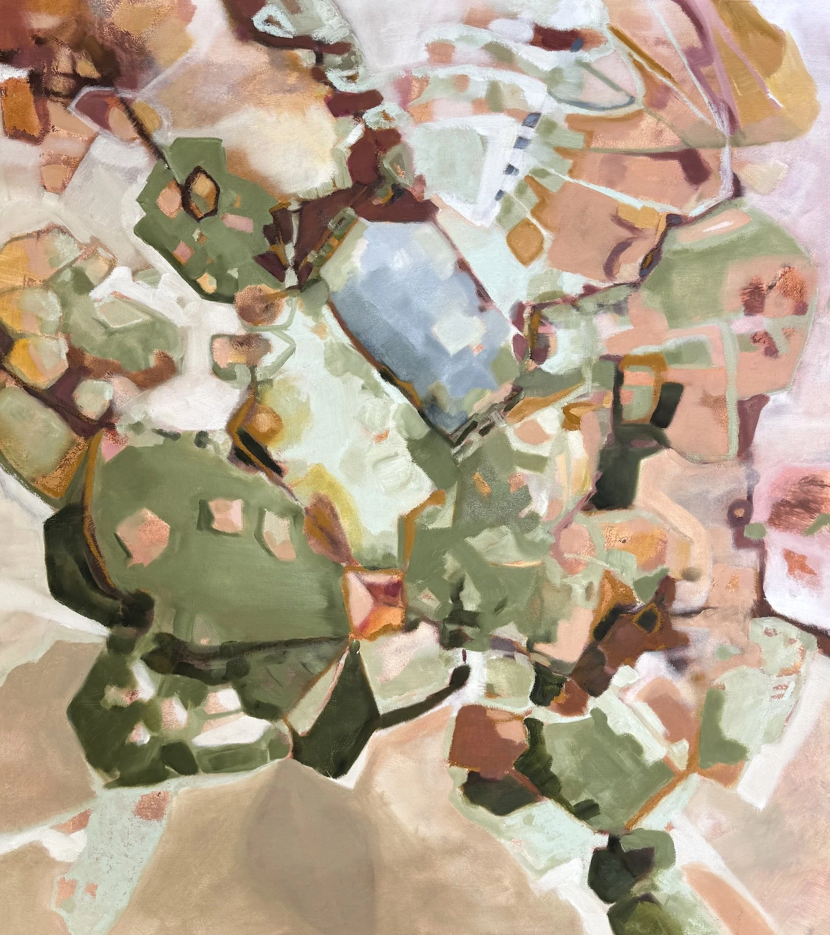 Abstract painting of a succulent plant with fleshy green leaves, painted with loose, broad brushstrokes in pastel and earthy tones.