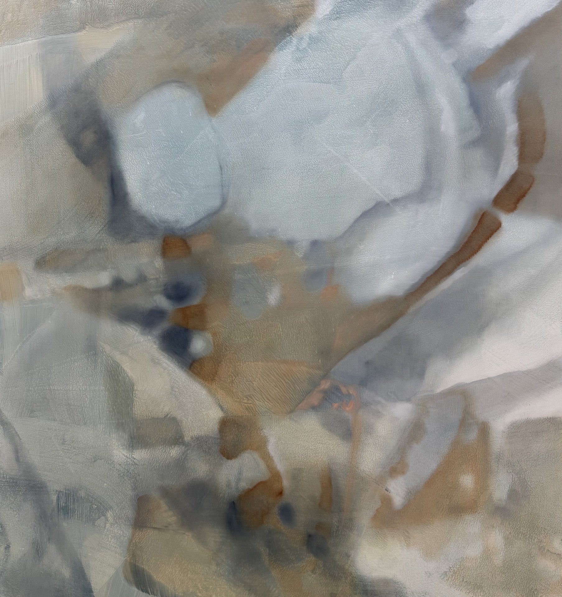 Abstract watercolor painting with muted tones of gray, brown, and blue.