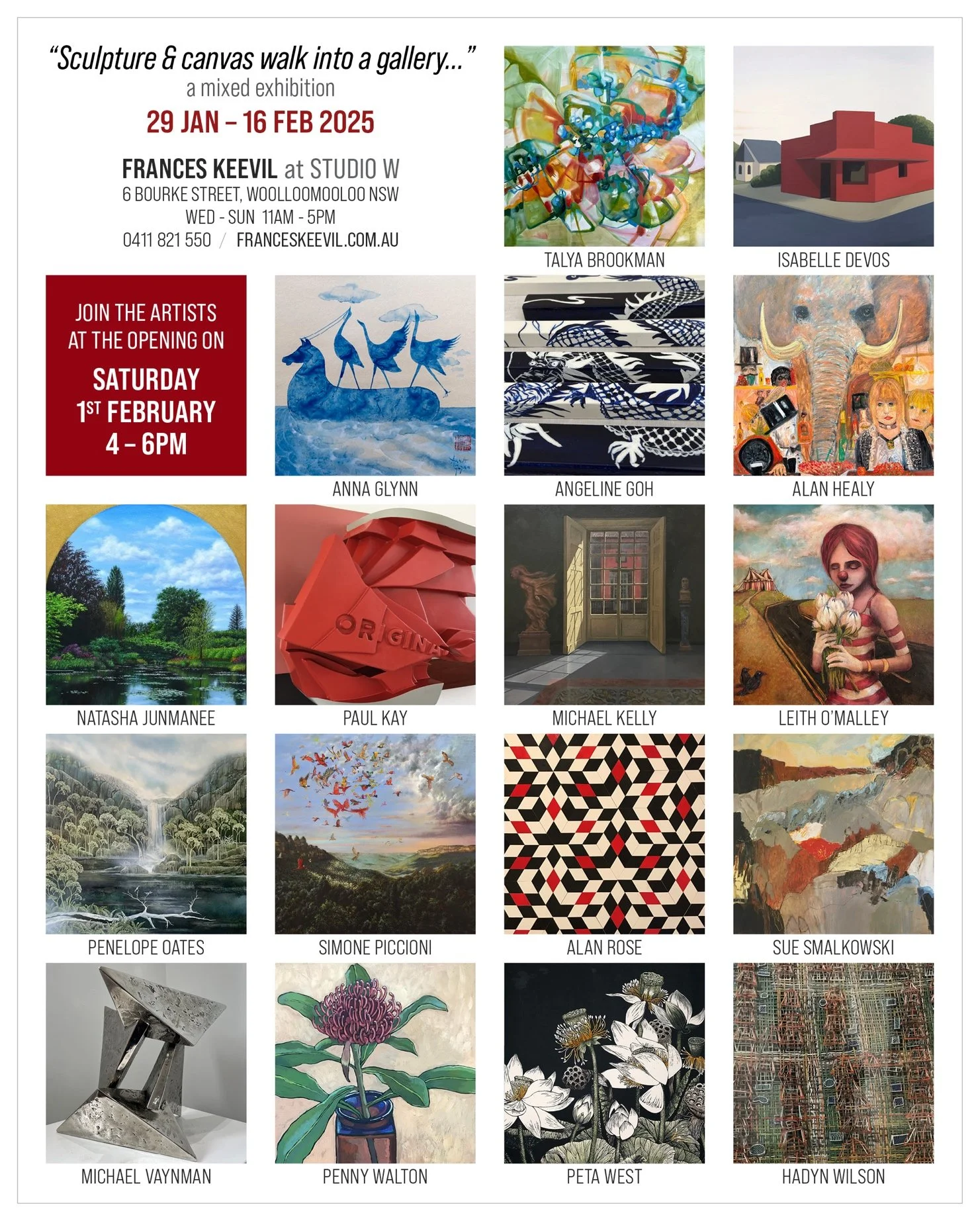 Exhibition flyer for a mixed art show titled 'Sculpture & canvas walk into a gallery...' running from January 29 to February 16, 2025, at Studio W in Woolloomooloo, Australia. Includes opening event on February 1, 4-6 PM. Features nine artists with sample artwork images: colorful sculptures, paintings of animals, landscapes, abstract designs, and mixed media pieces.