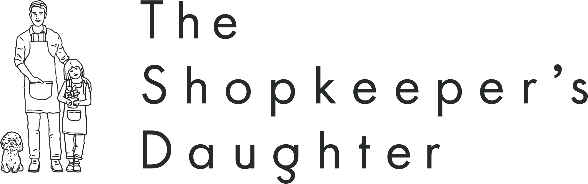 Logo for The Shopkeeper's Daughter with a line drawing of a girl and a woman, a dog, and the text 'The Shopkeeper's Daughter'.
