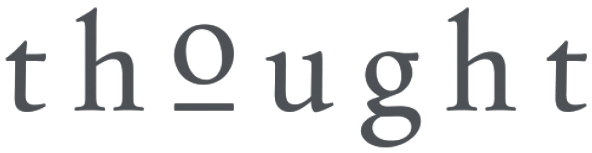 The word 'thought' in stylized gray font with a black background.