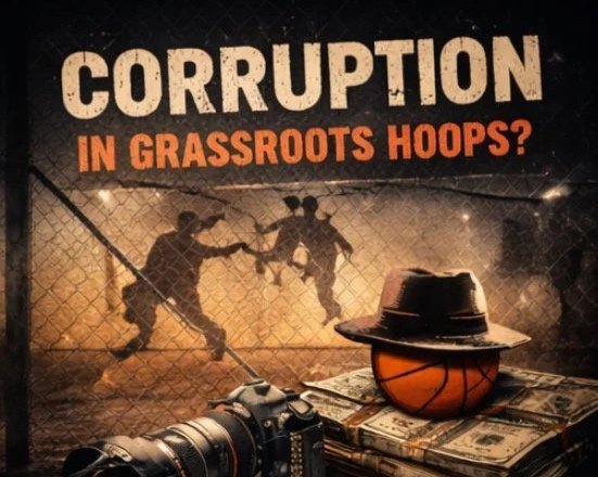 A promotional poster with the headline "Corruption in Grassroots Hoops?" showing silhouettes of children playing basketball behind a chain-link fence, and in the foreground, a camera, a basketball, and a stack of money.