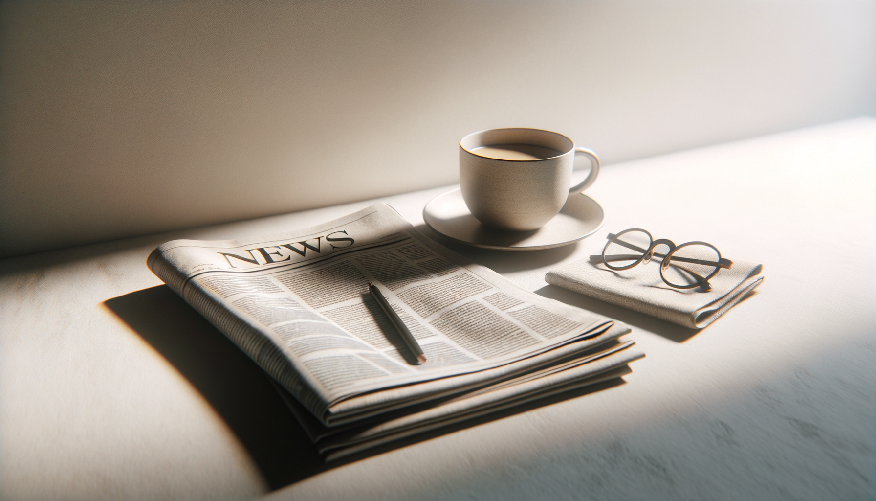 Sunlight shines on a table with a folded newspaper, a pen, a coffee cup on a saucer, a pair of glasses, and a folded cloth napkin.