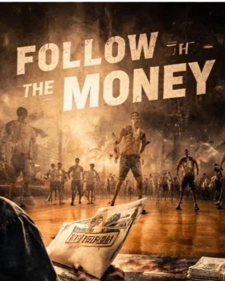 A basketball coach or trainer reading a newspaper while a game is played in the background with players on the court. The wall behind features the phrase "FOLLOW THE MONEY."
