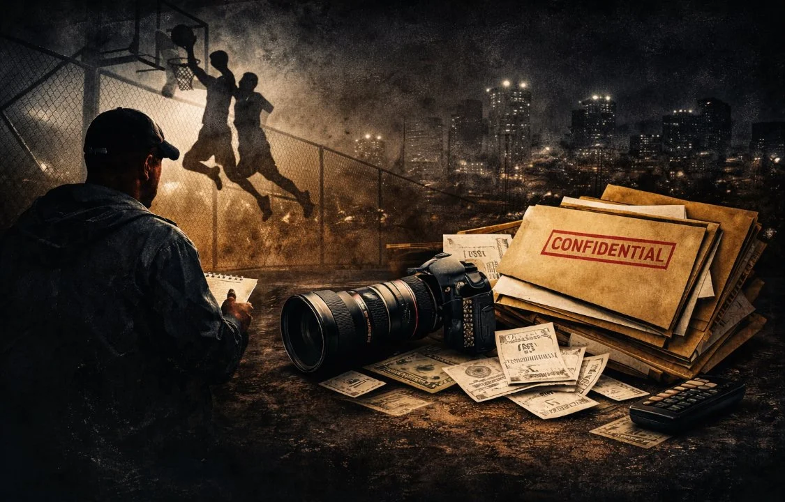 A person in a hoodie and cap taking notes near a camera, with a stack of confidential files, cash, and a remote control on the ground, overlooking a cityscape at night with a basketball court where two children are playing a game in the background.