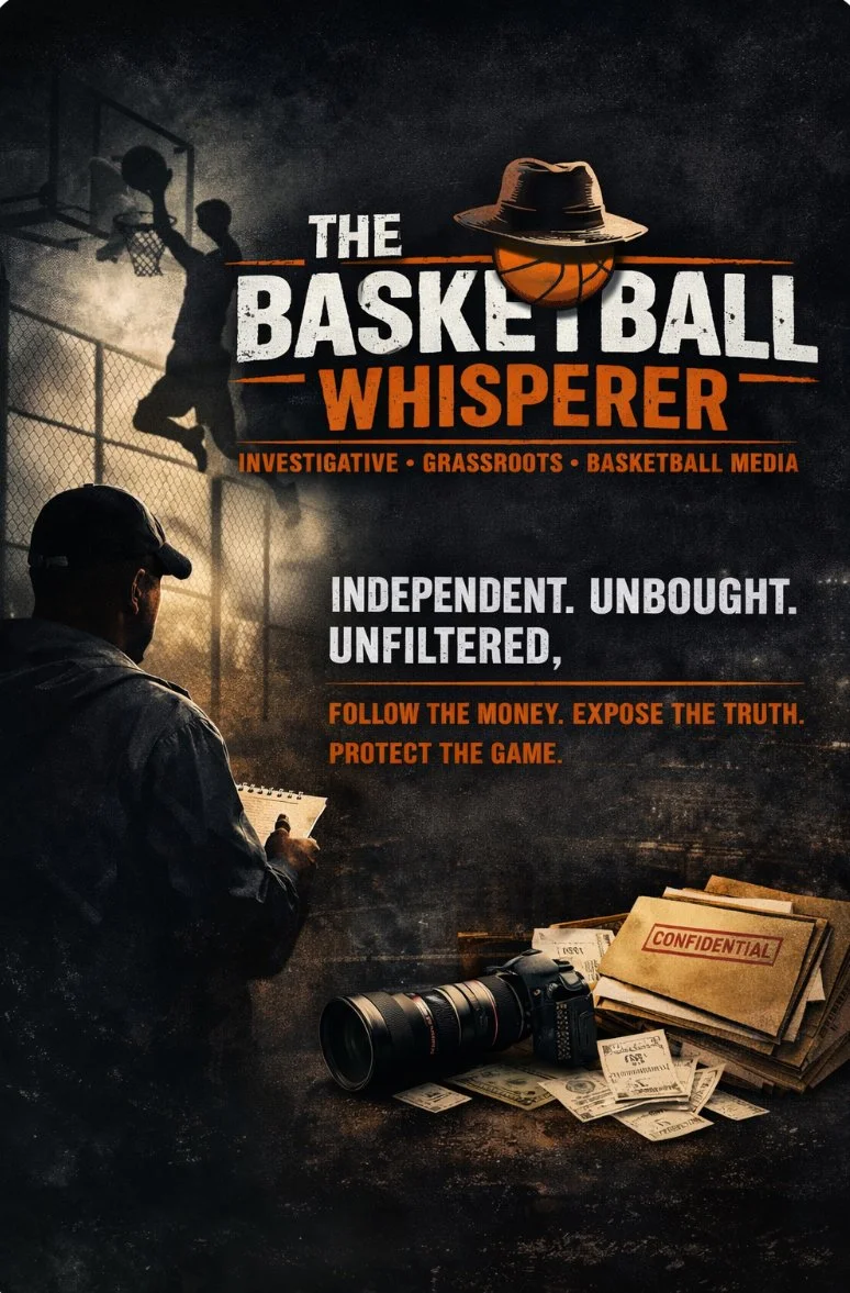 A promotional poster for 'The Basketball Whisperer', emphasizing investigative journalism in basketball media. The poster features a silhouette of a basketball player dunking on a court, a man taking notes, a professional camera, and stacks of confidential documents. The background depicts a court with a chain-link fence and a dark, smoky atmosphere.