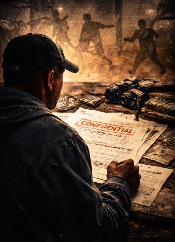 A man in a leather jacket and cap sitting at a cluttered desk with a confidential document and camera, while looking toward a smoky scene of children playing soccer behind a chain-link fence.