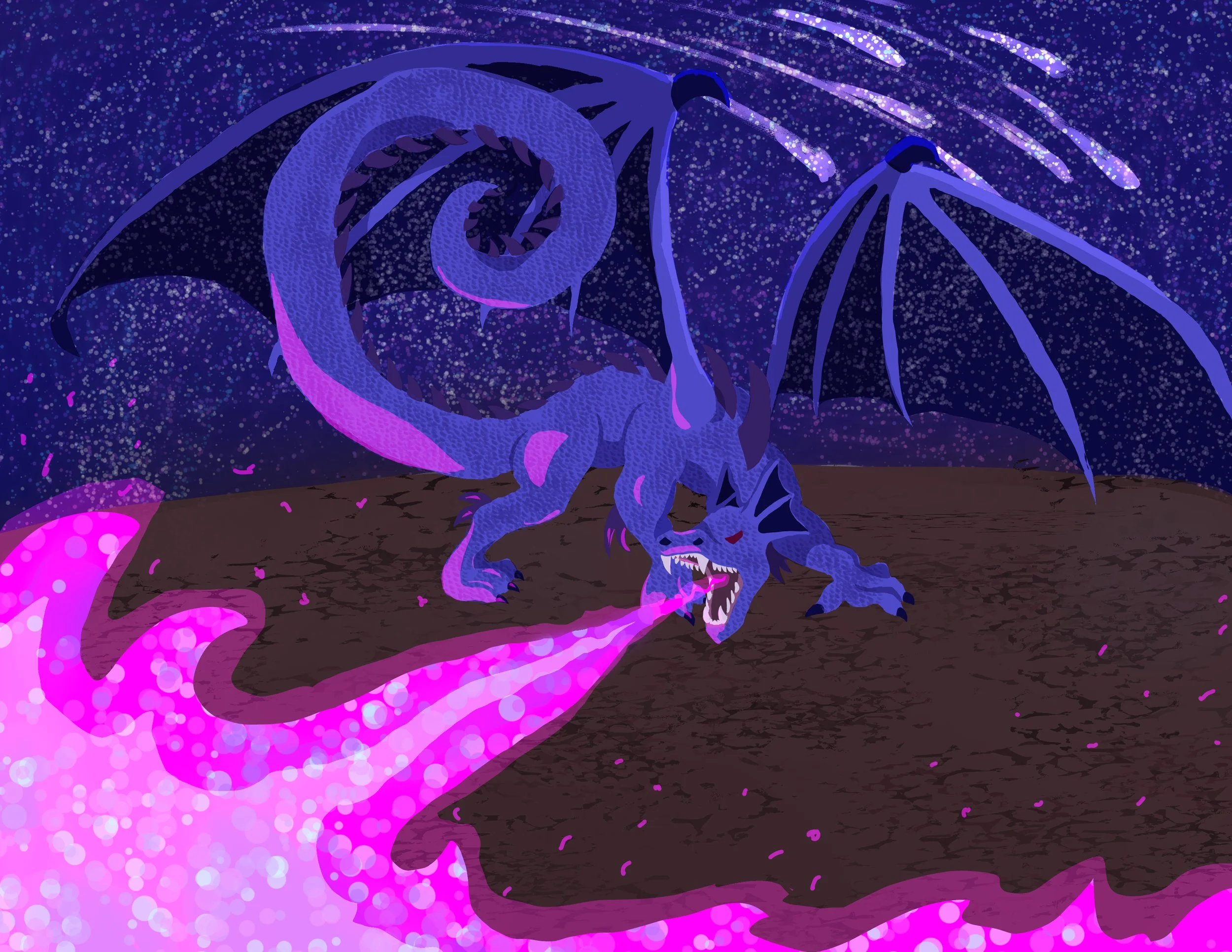 purple galaxy dragon breathes pink fire
