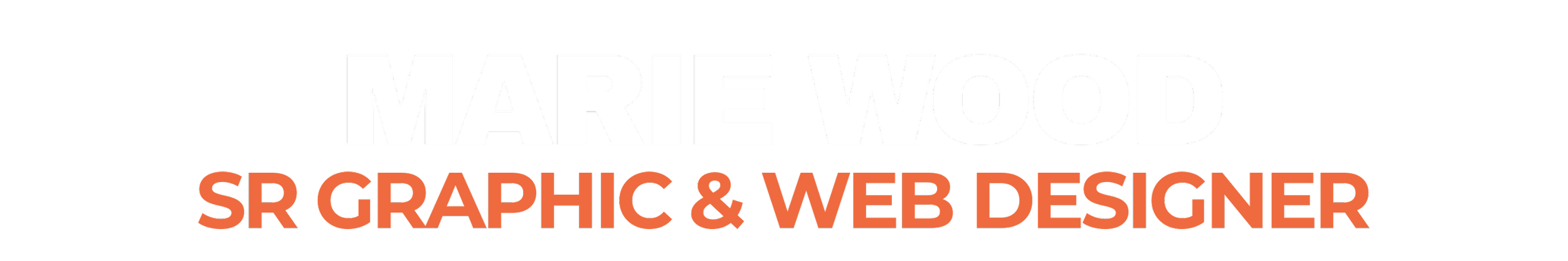 Text-based logo for Marie Wood, SR Graphic & Web Designer with a black background and white and orange text.