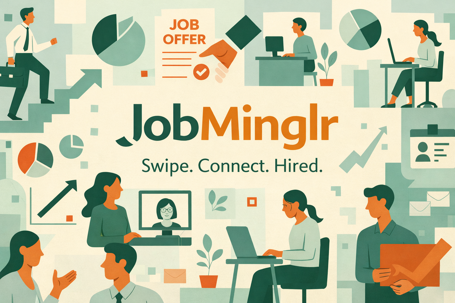 Illustration of people working in an office, engaging in video calls, and discussing. Elements include pie charts, line graphs, a person offering a job, and the text 'JobMinglr Swipe. Connect. Hired.' indicating a job matching platform.