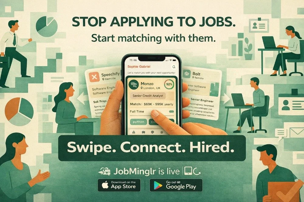 Stop applying to jobs. Start matching with them.

Swipe. Connect. Hired.

JobMinglr is live 📲 Download on the App Store &amp; Google Play

#JobMinglr #Hiring #JobSearch #Recruiting #StartupLaunch #Careers #TechJobs #NowHiring #FutureOfWork