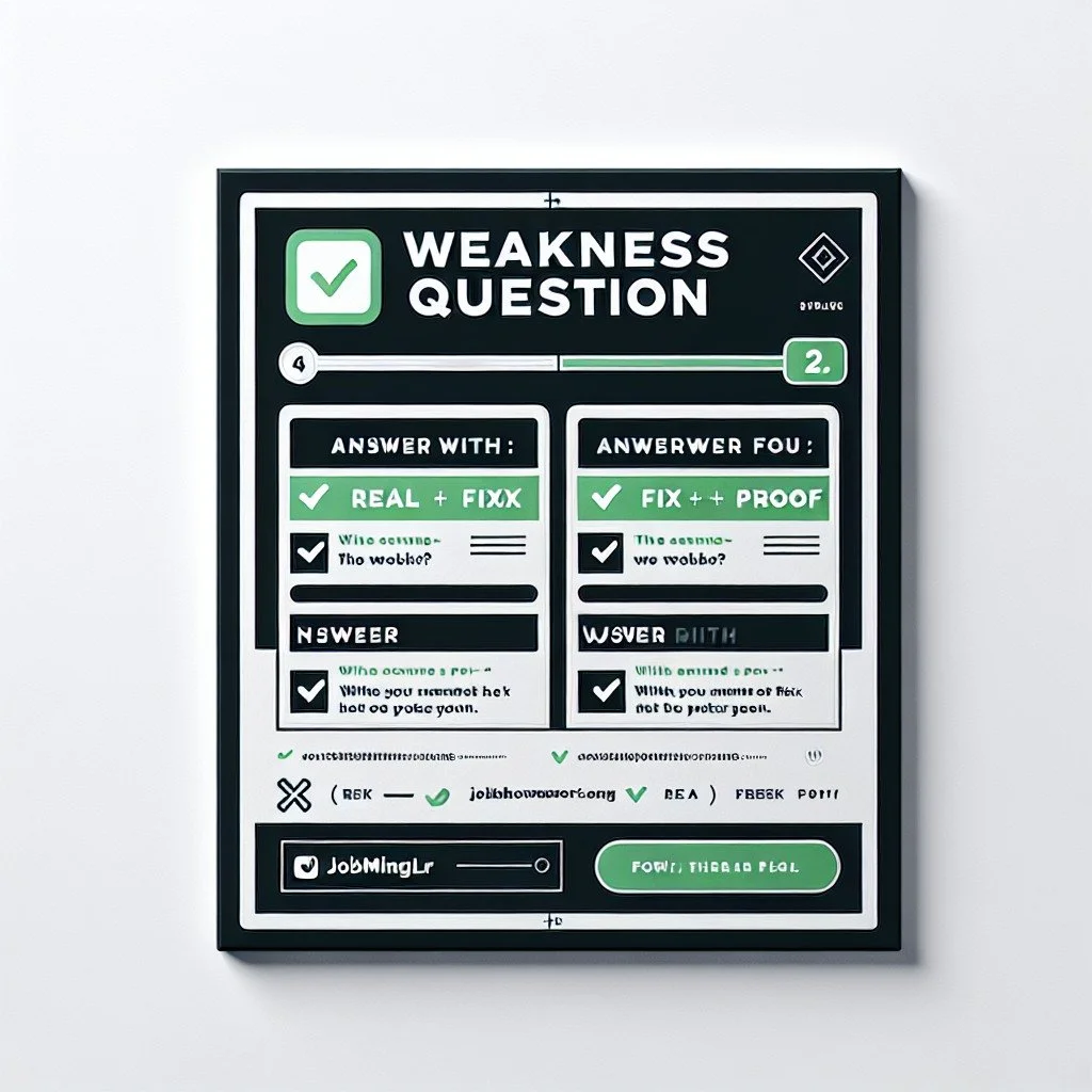 &ldquo;What&rsquo;s your weakness?&rdquo;

Answer with:

✅ Real weakness

✅ What you&rsquo;re doing to fix it

✅ Proof it&rsquo;s improving

#interviewprep #careeradvice