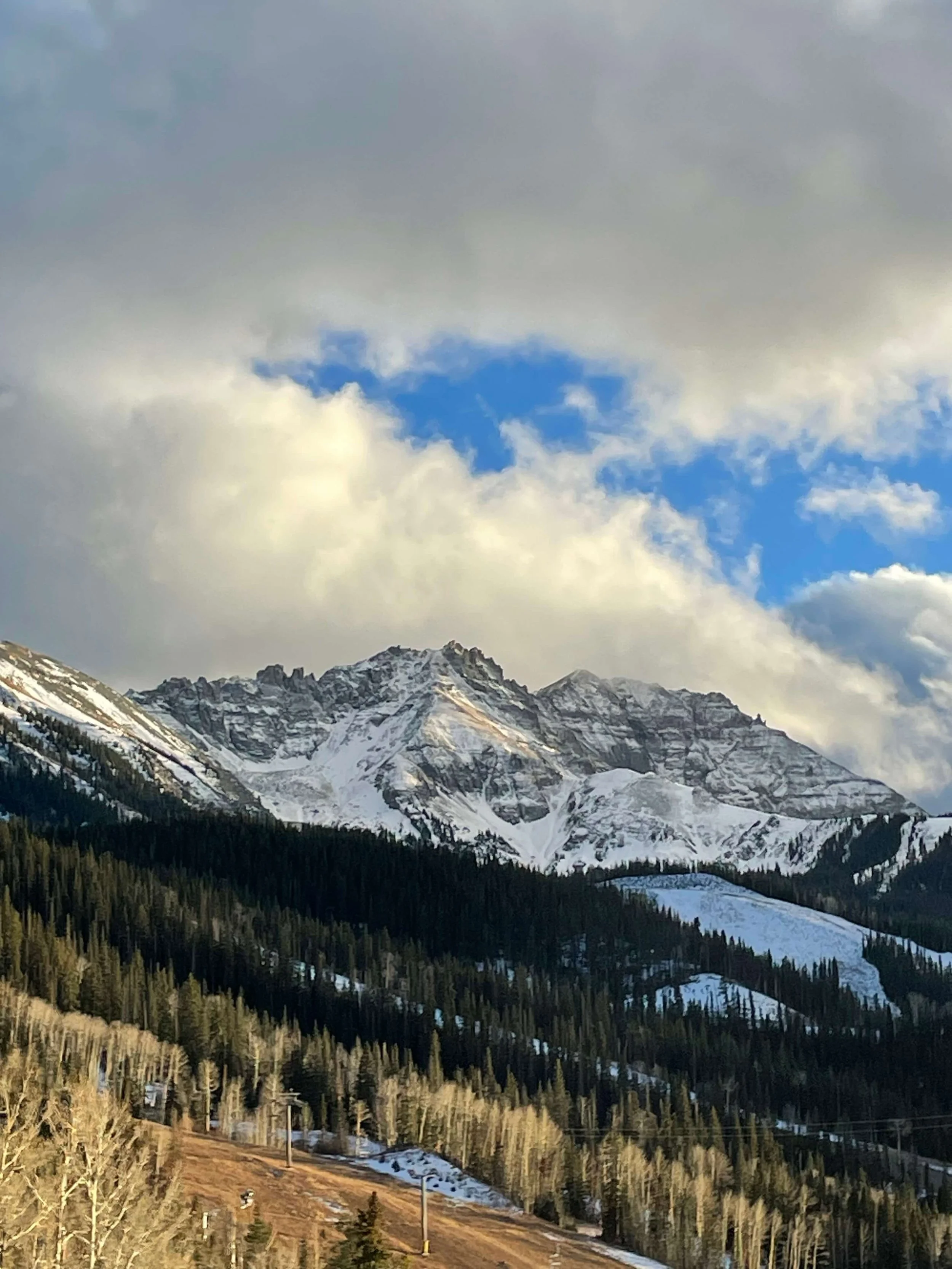 Snow-covered mountain peaks above a forest with a partially cloudy sky.