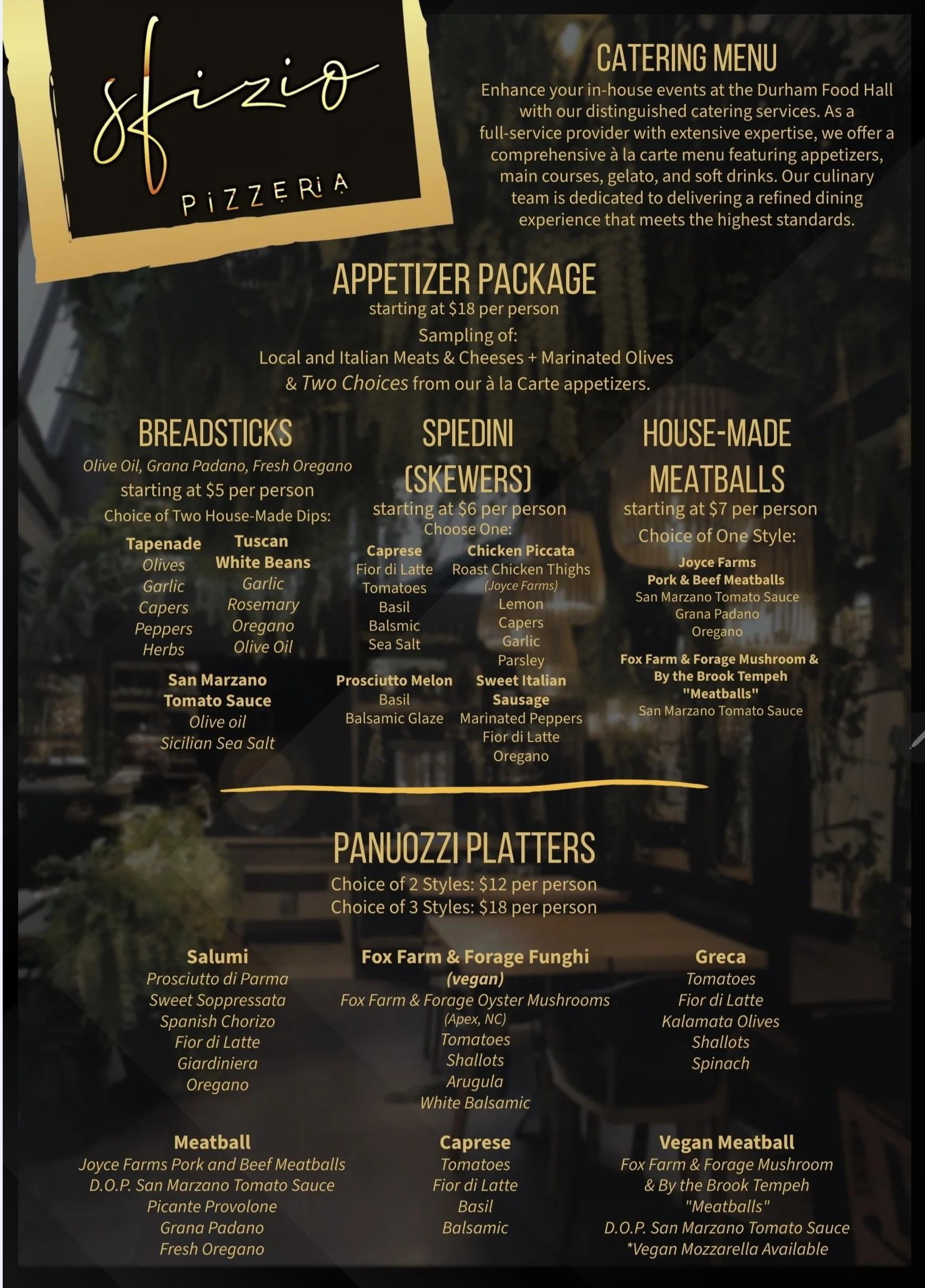 Food menu from Sfizio Pizzeria featuring catering options, appetizer packages, breadsticks, spiedini skewers, house-made meatballs, and Panuozzi platters with various Italian-inspired dishes.